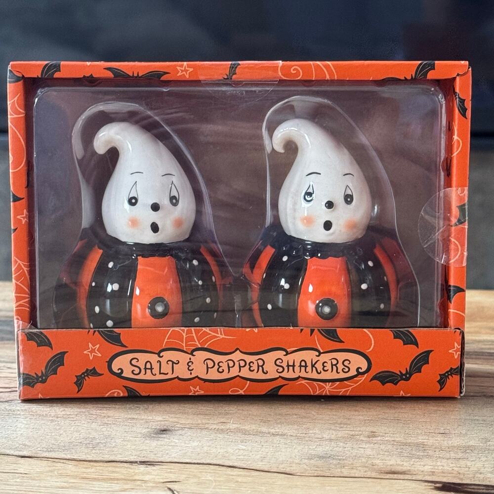Johanna Parker Halloween Ghost Pumpkin Salt & Pepper Shakers Set NIB Retro